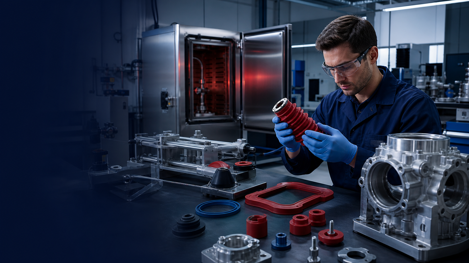 Engineer inspecting aerospace silicone bellows, seals and vibration dampers in a test laboratory