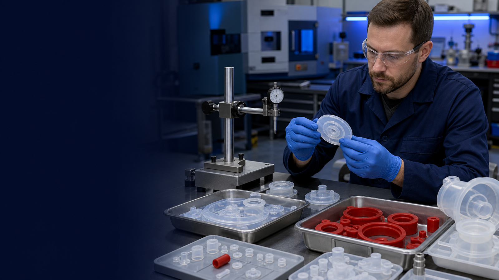 Engineer inspecting custom medical silicone diaphragms, seals and molded components