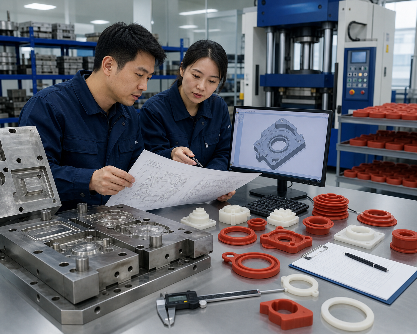 Engineers reviewing tooling and molded silicone samples during the development process