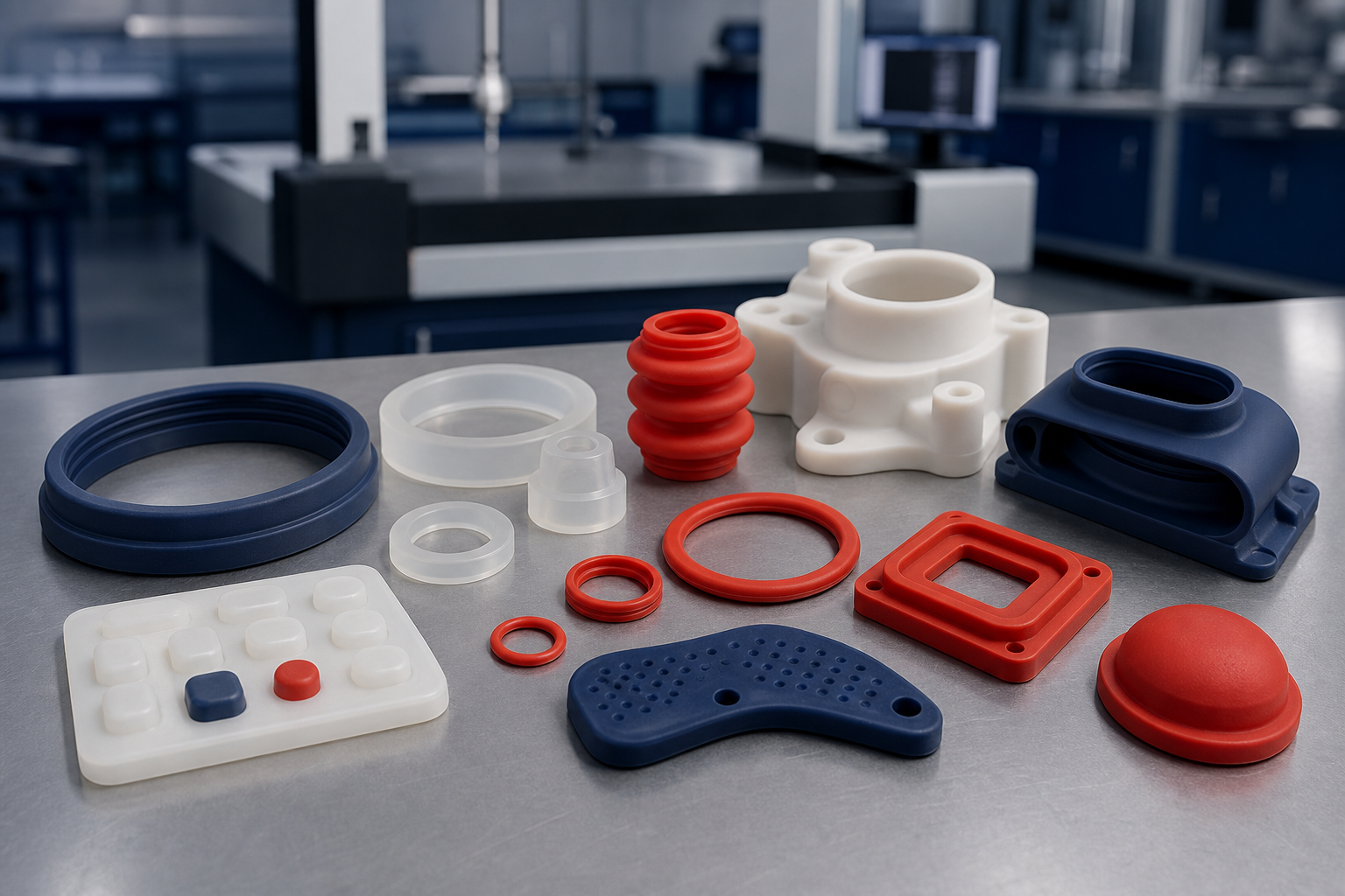 Custom silicone molded components arranged for manufacturing and dimensional review