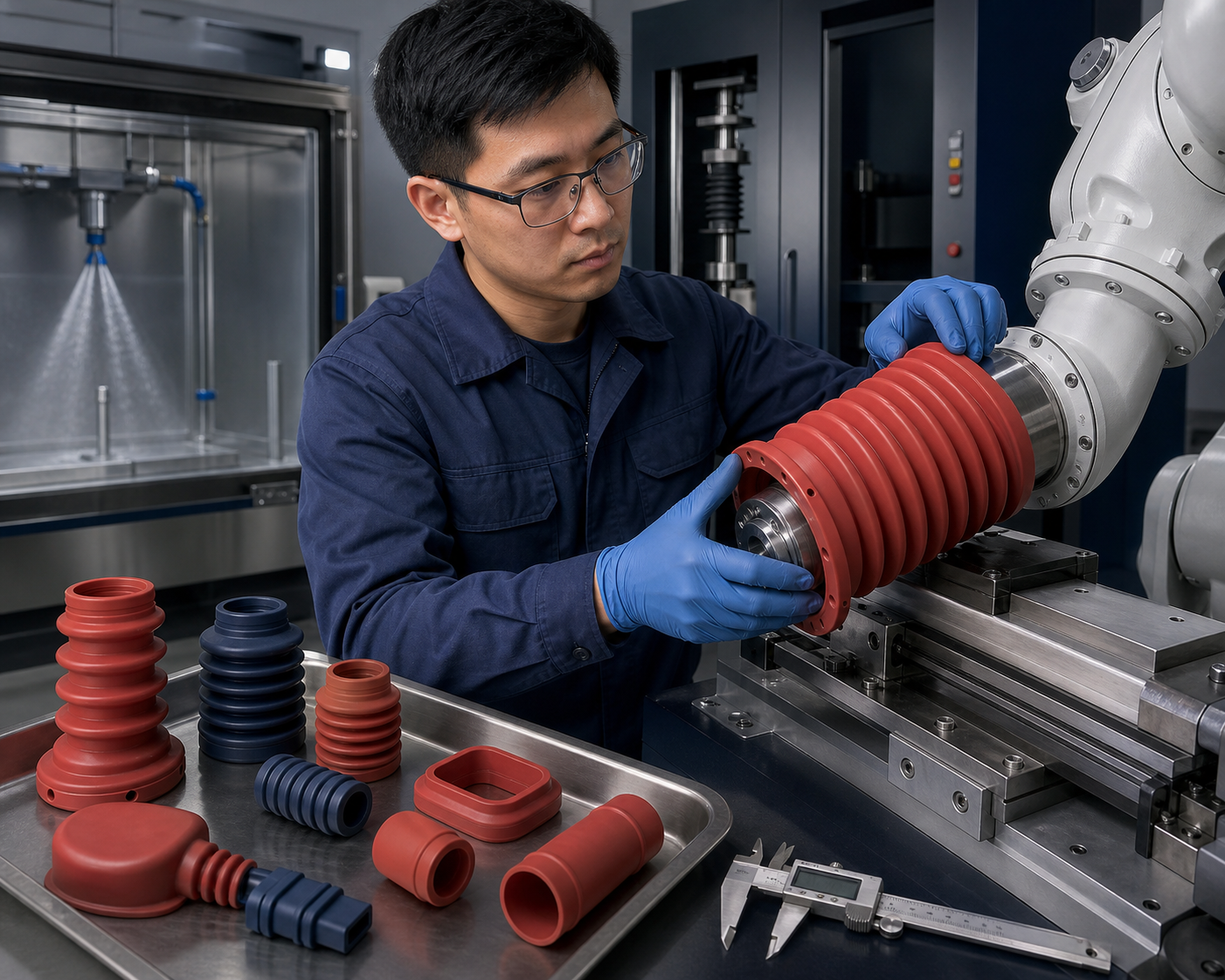 Engineer installing a custom silicone bellows on a robotic actuator for motion and environmental protection