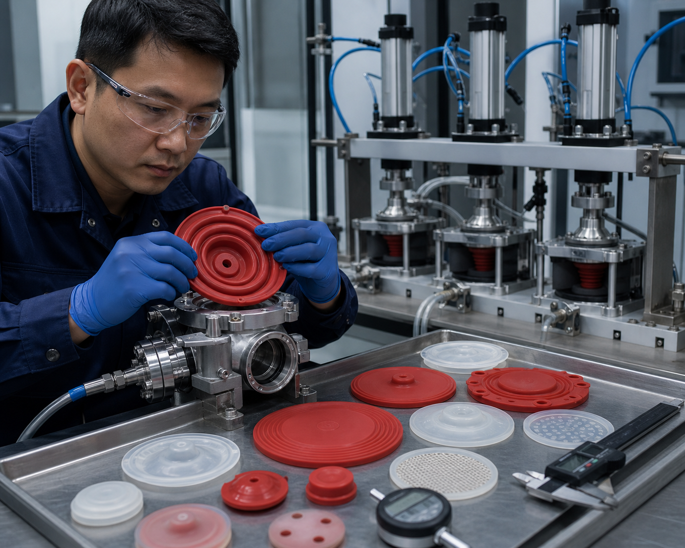 Engineer inspecting a custom silicone diaphragm in a precision pump and valve test assembly