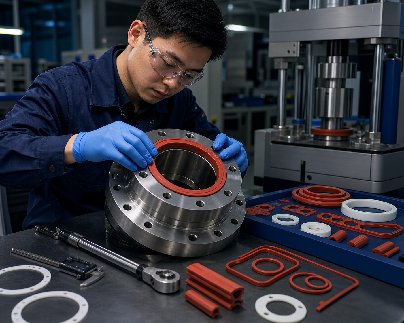 Engineer inspecting a custom silicone gasket fitted into a precision metal flange