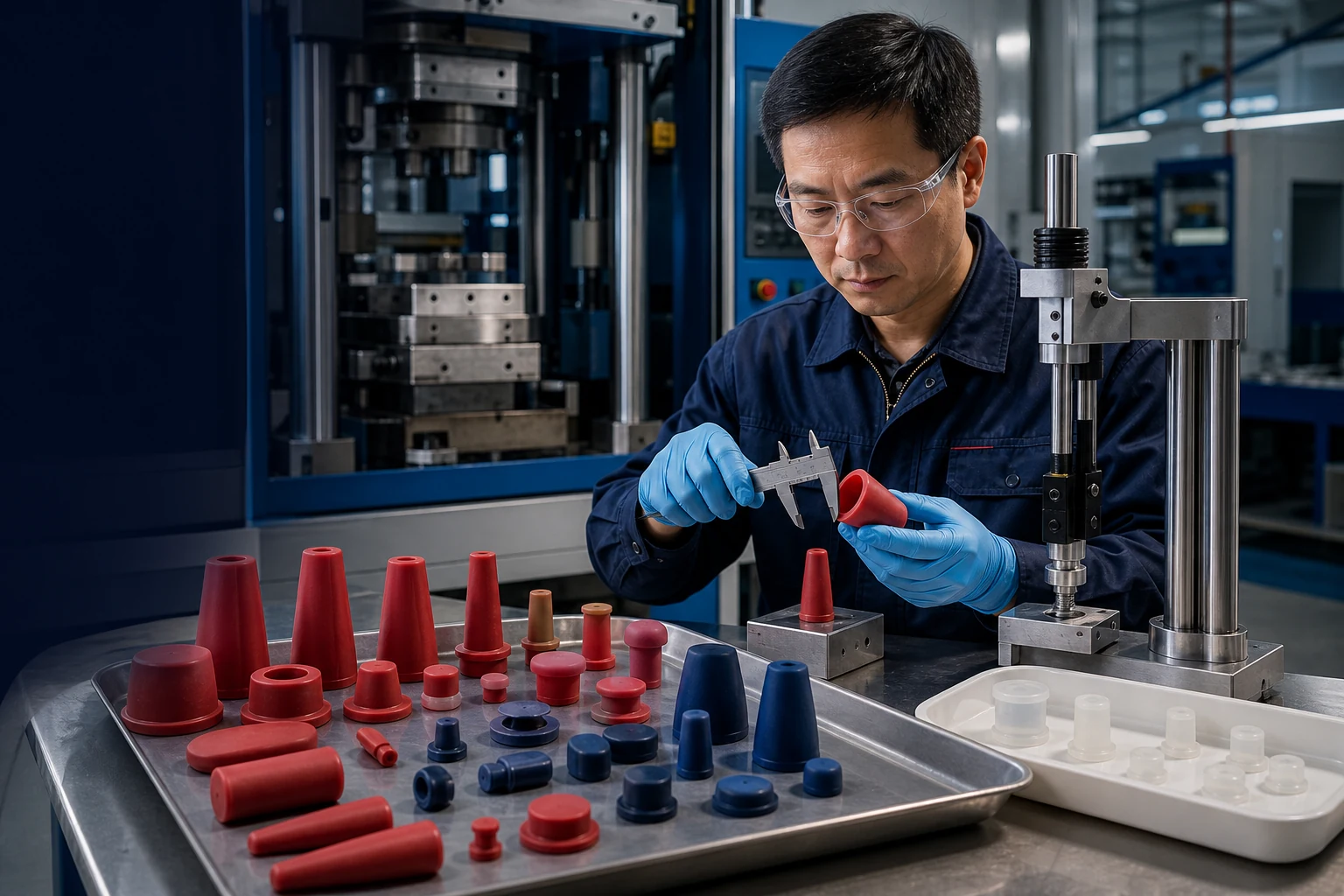 Engineer inspecting custom silicone plugs caps and stoppers with calipers and insertion force testing equipment