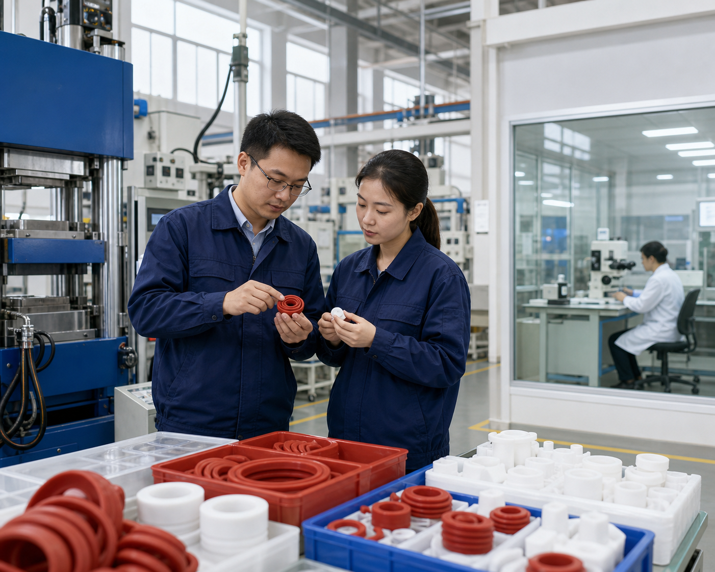 LSAN engineers inspecting custom silicone components in a modern manufacturing facility