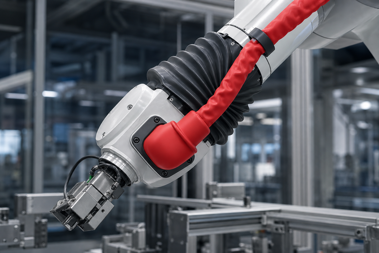 Silicone bellows and protective boot installed on an industrial robotics joint