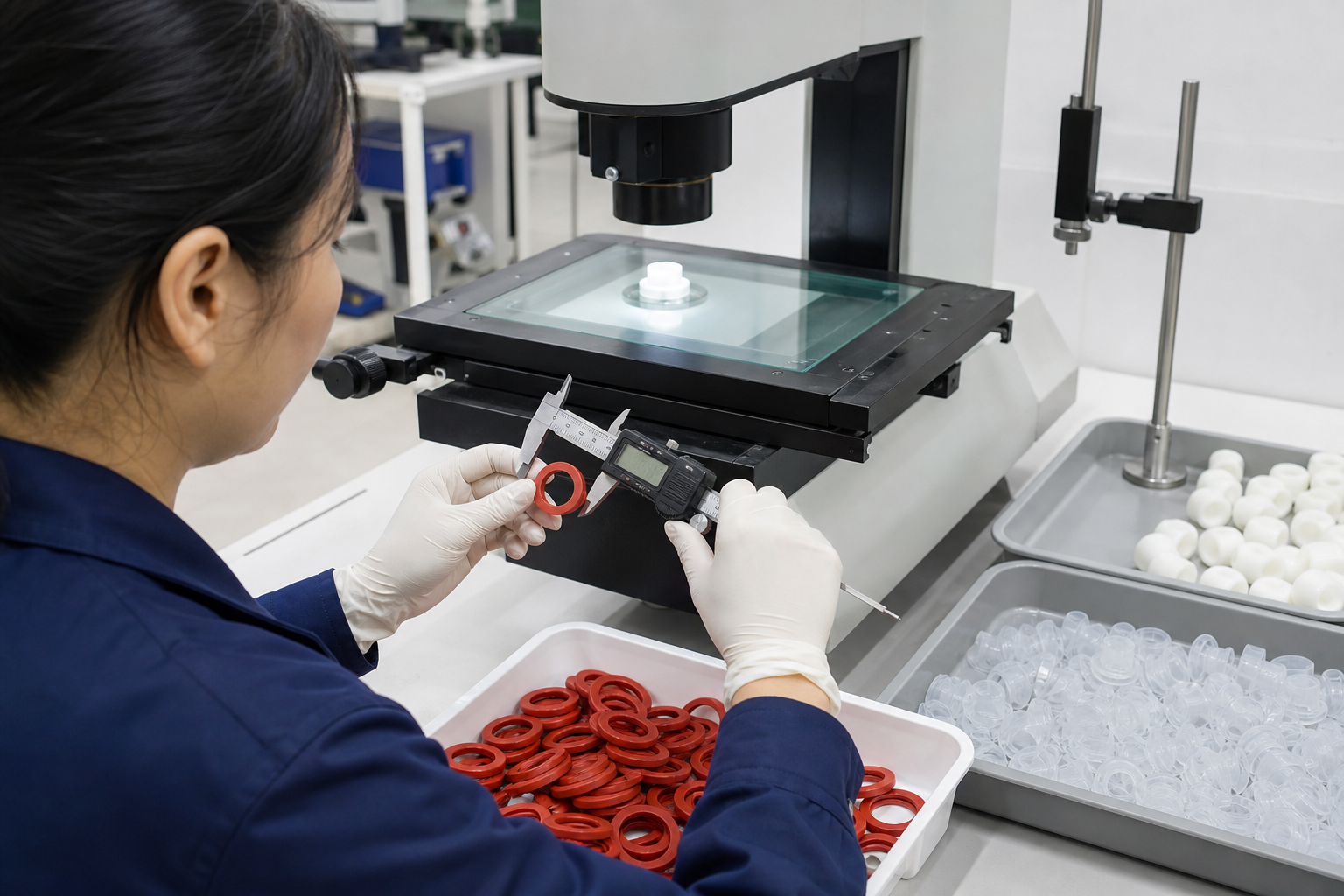 Engineer checking drawing dimensions against a precision custom silicone component