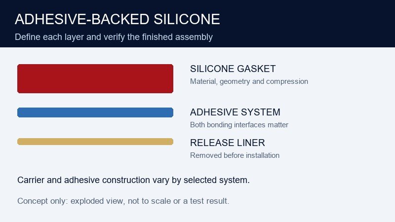 Exploded concept showing silicone gasket, adhesive system and removable release liner