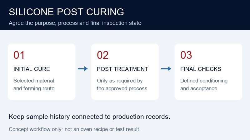 Workflow from initial silicone cure through required post treatment to final inspection